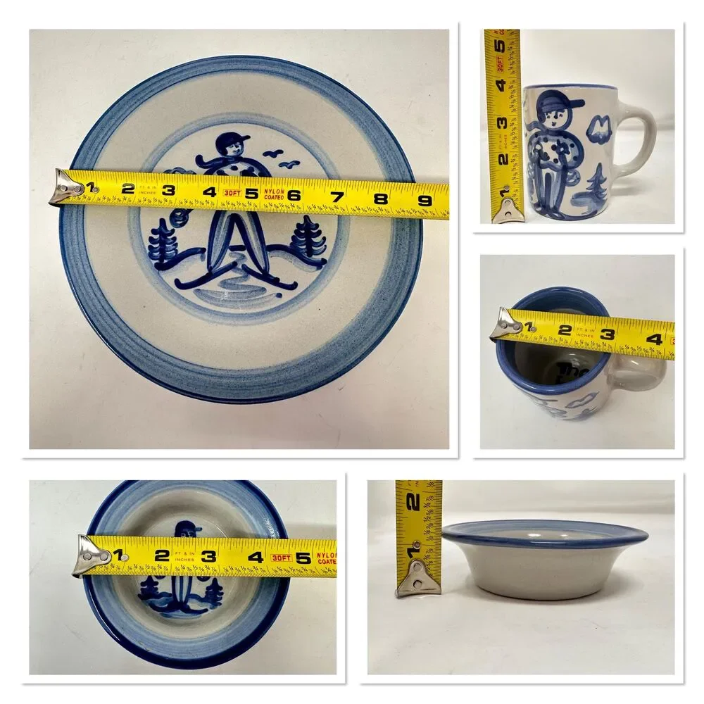 Vtg MA Hadley Pottery Skier Child Set Plate Mug Bowl Blue White Art Stoneware